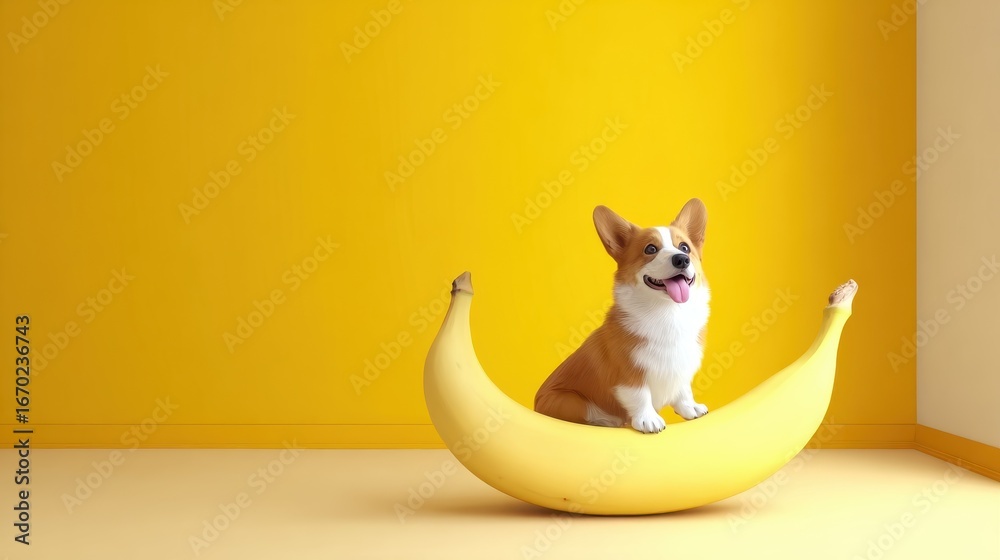 Obraz premium Adorable corgi dog sitting on a giant yellow banana in a minimalist room