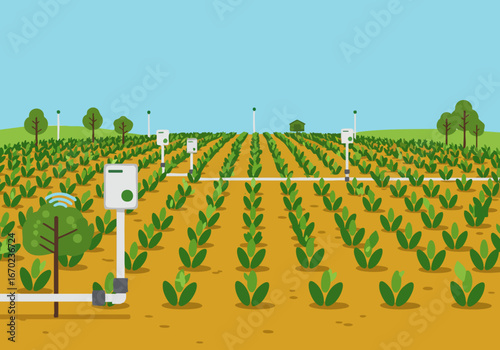 vibrant smart farm illustration showcases automated irrigation and monitoring systems Modern technology optimizes crop yields in a sunny rural setting Ideal for agriculture and sustainability visuals