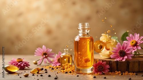 Wallpaper Mural A serene arrangement of essential oil bottles surrounded by vibrant flowers, showcasing natural beauty and wellness. Torontodigital.ca