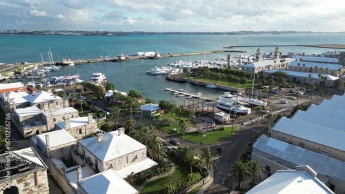 4K Aerial Drone Footage Over Bermuda Island Toward Docked Boats in Sunny Light