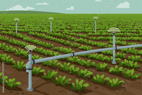 A vibrant, sustainable field farm showcases precision irrigation with wireless sensors. Clear composition, modern style, ideal for agricultural or environmental themes.
