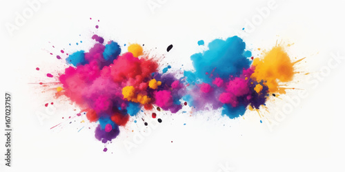 Bold watercolor explosion artwork with bright colorful paint splashes and stains, abstract modern design on white canvas suitable for poster, flyer, stock illustrations, web templates and backgrounds