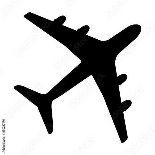 Silhouette of a four engine propeller airplane viewed from above on white
