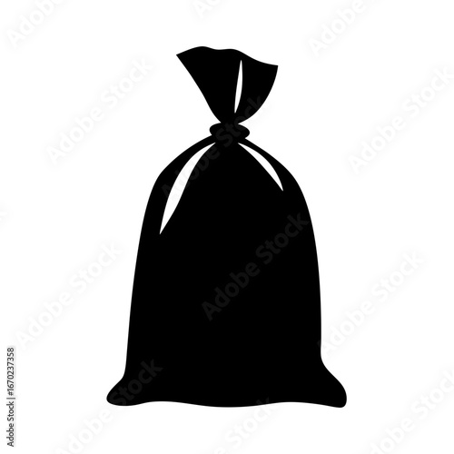 Black silhouette of a tied plastic bag, isolated on white background