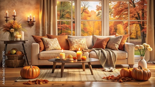 Cozy living room with autumn decor and a view of fall foliage