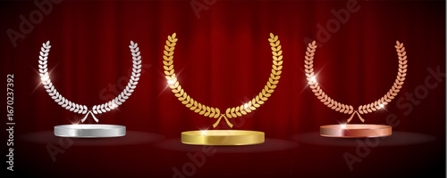 Golden, silver and bronze award signs with podiums laurel wreath isolated on red waving curtain background