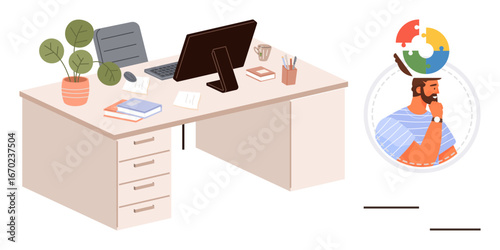 Office desk with laptop, monitor, books, stationary, and green plant. Thoughtful man visualized with puzzle pieces above head. Ideal for creativity, brainstorming, inspiration productivity