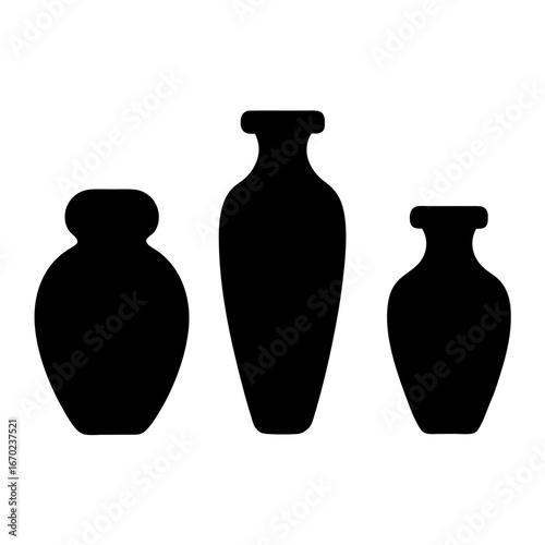 Black and white drawing of three different shapes of decorative vases