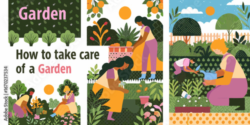 Diverse people tending to a vibrant garden learning how to care for plants and flowers