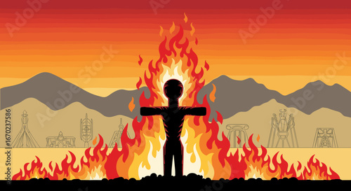 Man standing in a massive fire against a mountain backdrop