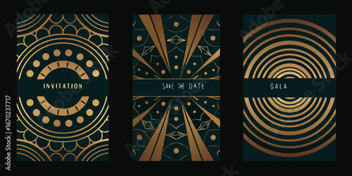 Elegant art deco invitation designs with gold geometric patterns and text for special events