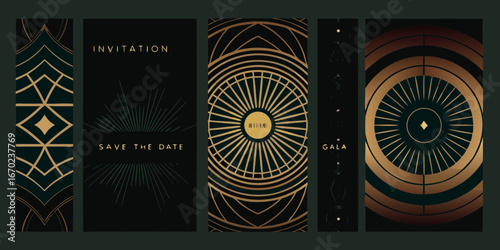 Elegant art deco invitation designs with gold geometric patterns on a dark background