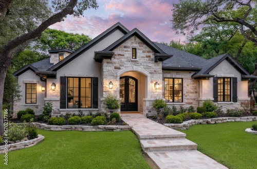 the front view of an elegant single-story stucco and stone home in san antonio, texas