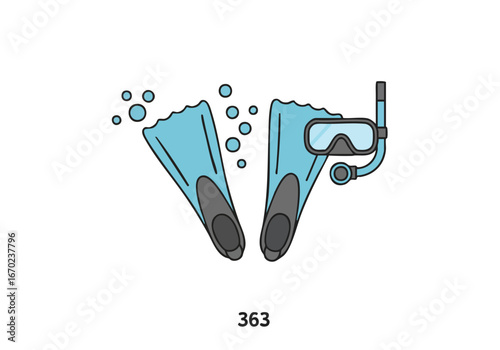 Snorkeling gear: fins, mask and snorkel, underwater bubbles.
