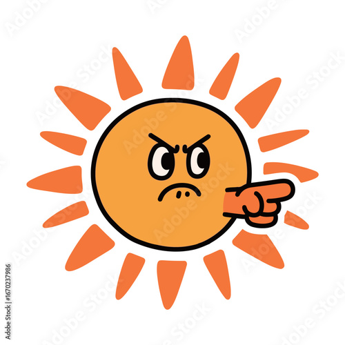 A cartoon illustration of an angry sun character with a scowling face and pointing a finger, representing a command, accusation, or a harsh mood.