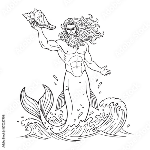 Celestial Triton Line Art – Triton Vector Outline Drawing with Refined Mythical Details – Triton Drawing – Vector of Triton – Triton Outline – Greek God Lineart