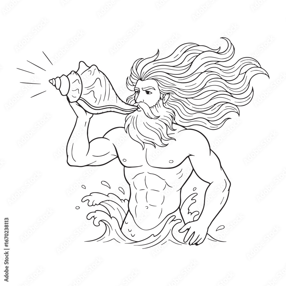 Fototapeta premium Mythical Sea God Triton Line Art – Triton Vector Outline Drawing with Flowing Divine Form – Triton Drawing – Vector of Triton – Triton Outline – Greek God Lineart