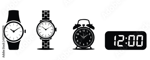 Collection of analog watch, alarm clock, and digital time icons for schedule and time