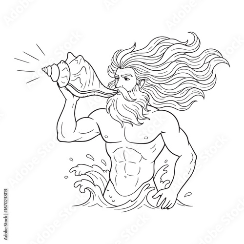 Mythical Sea God Triton Line Art – Triton Vector Outline Drawing with Flowing Divine Form – Triton Drawing – Vector of Triton – Triton Outline – Greek God Lineart