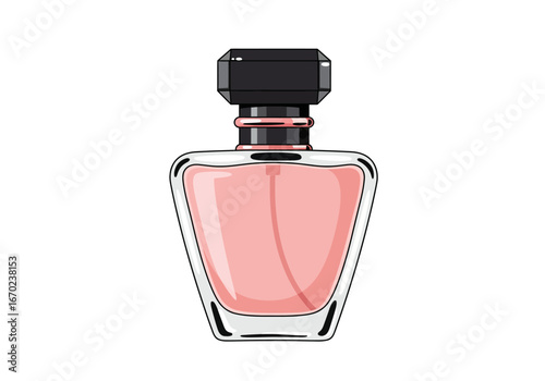 A cartoon perfume bottle with pink liquid and a black cap