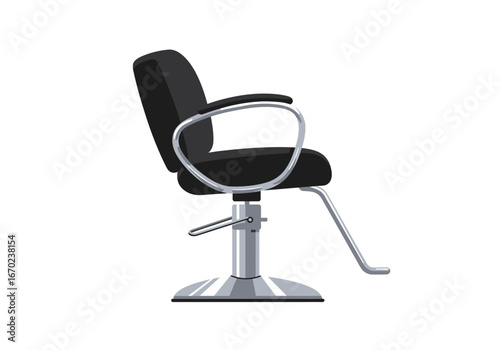 A black salon chair with silver armrests base footrest and hydraulic lift stands on a white background