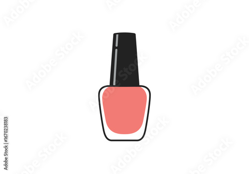 A closeup of a nail polish bottle with a lightred filling black cap and defined outlines against a white background