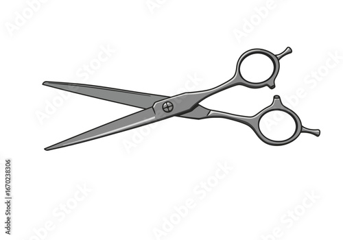 A grey open pair of scissors with finger holes and extended blades