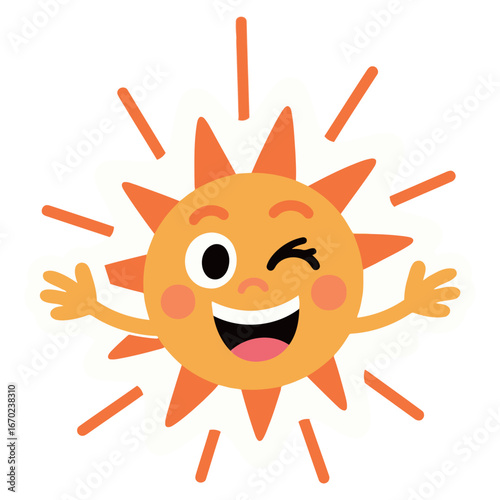 A cheerful cartoon illustration of a smiling sun character with a winking eye and open arms, representing happiness, warmth, and sunny weather.