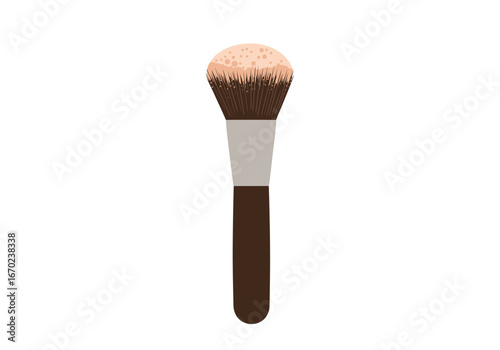 A makeup brush with a round beigecolored top and a brown handle