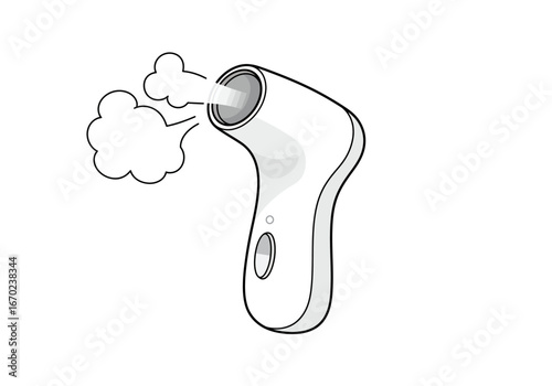 A handheld facial steamer emits steam outlined in black and white