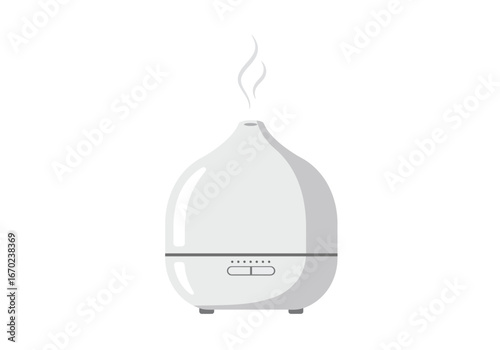 A minimalist light gray essential oil diffuser emitting vapor