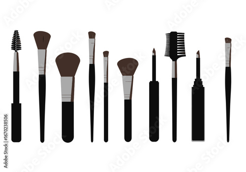 An array of makeup brushes with varying sizes and brush types all neatly aligned on a blank background