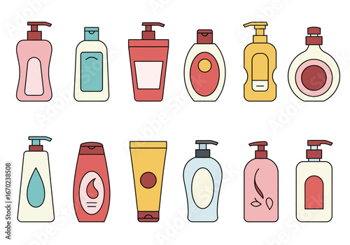 An arrangement of twelve assorted soap or lotion bottles in varying shapes and colors