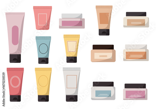 An array of skincare product illustrations tubes and jars of creams each distinct in color and shape
