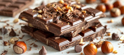 Elegant display of milk chocolate bars, hazelnuts, and shavings on a white background