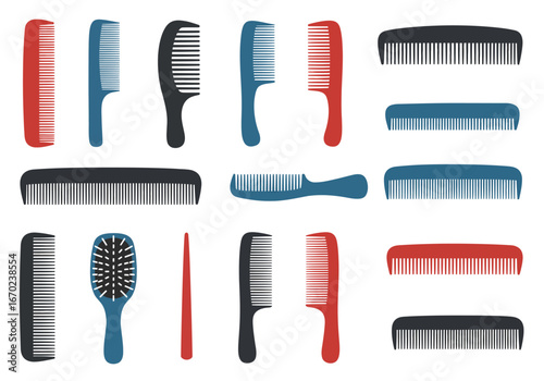 An array of combs and a hairbrush are arranged against a white background