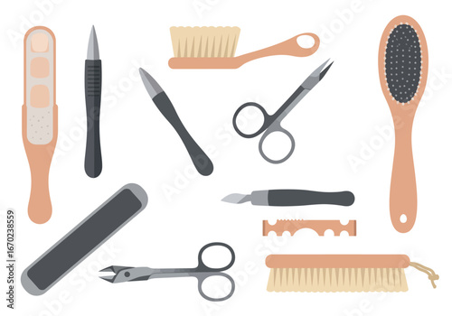 An array of manicurepedicure tools including files brushes scissors and implements