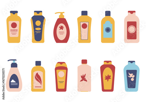 An assortment of colorful shampoo or lotion bottles arranged in two rows