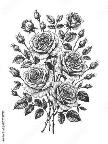 Detailed black-and-white bouquet of roses and buds with flowing leaves—ornate floral composition ideal for stationery and decorative prints.