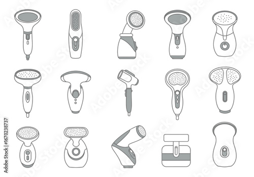 Collection of 15 grey and white outlined electronic pedicure tools
