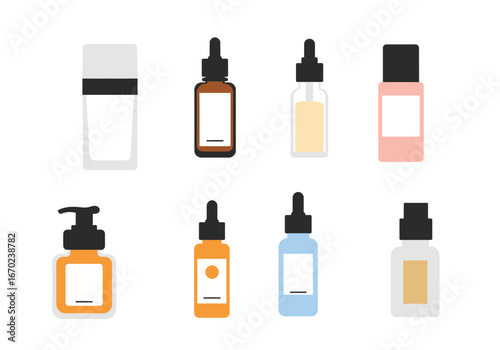 Cosmetic bottles arrayed creams serums  lotions stand in 2 rows each uniquely colored  shaped