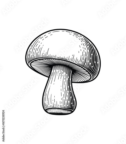 Engraved Mushroom Illustration, Monochrome Vegetable Graphic, Edible Fungus, Black and White, Fungi Food, Vector Illustration