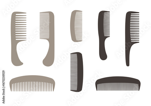 Illustration of an arrangement of seven various comb designs in different shades