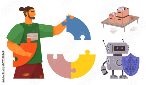 Man connecting puzzle pieces, robot holding shield, and stacked file boxes on table with paperwork. Ideal for collaboration, data security, organization, problem-solving, teamwork, innovation