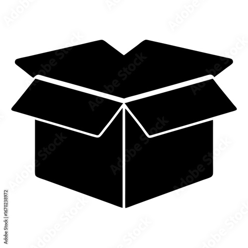 Simple geometric illustration of an open black cardboard box for shipping