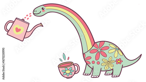 Whimsical Rainbow-Neck Dinosaur Watered by Cute Pink Can, Floral Design