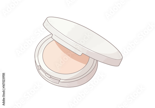 Open white cosmetic powder compact revealing the light peachcolored powder inside