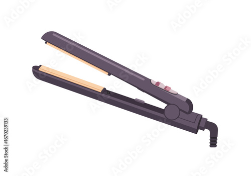 Open gray hair straightener with tan inner plates cord attached on a white background