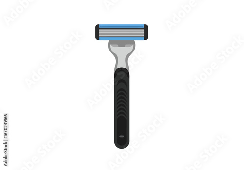 Razor with a black handle and a lightblue head on a white background