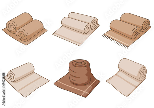 Six towels are depicted in rolls and stacks They are light to dark brown and sit on flat mats